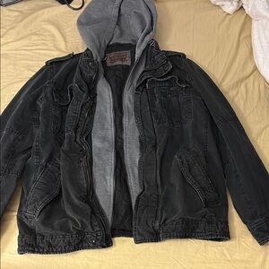 Men's Black Denim Jacket with Gray Hood